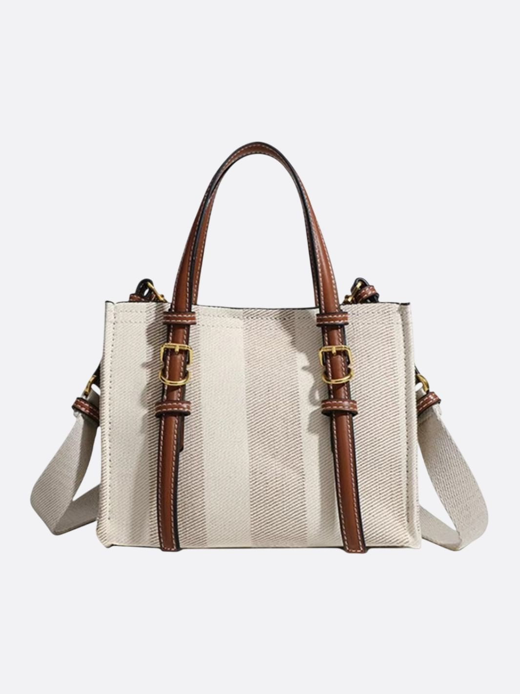 Canvas Tote Handbag with Leather Straps and Shoulder Belt - in Off - White | Arvea Bags