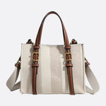 Canvas Tote Handbag with Leather Straps and Shoulder Belt - in Off - White | Arvea Bags