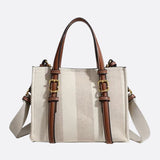 Canvas Tote Handbag with Leather Straps and Shoulder Belt - in Off - White | Arvea Bags