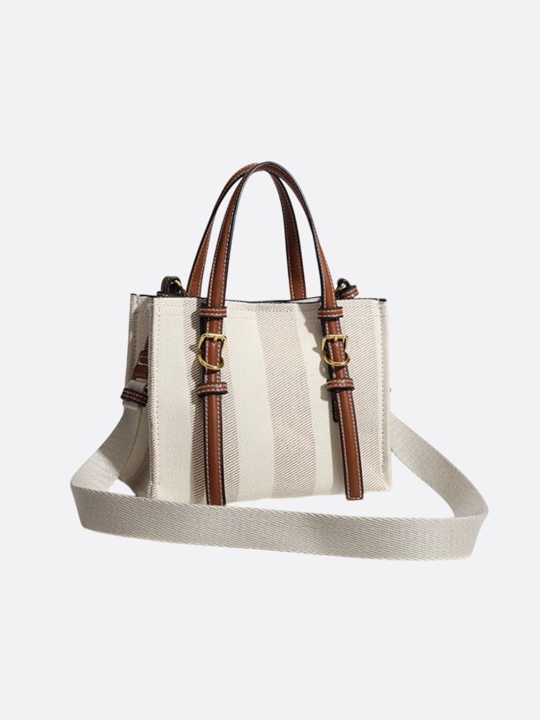 Canvas Tote Handbag with Leather Straps and Shoulder Belt - in Off - White | Arvea Bags