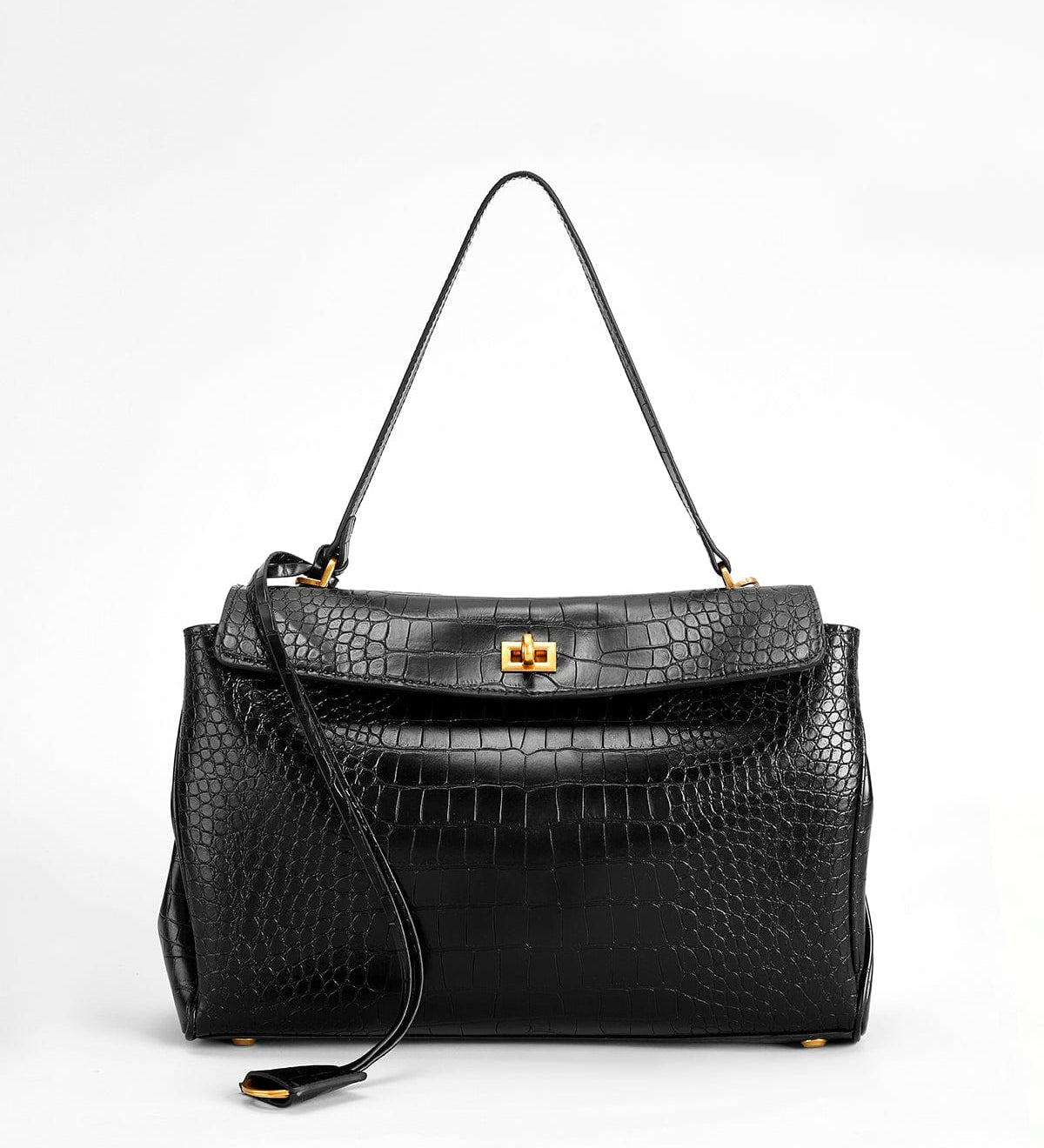 Celeste | Black Croc - Embossed Leather Handbag – Sophisticated & Chic - in Black | Arvea Bags