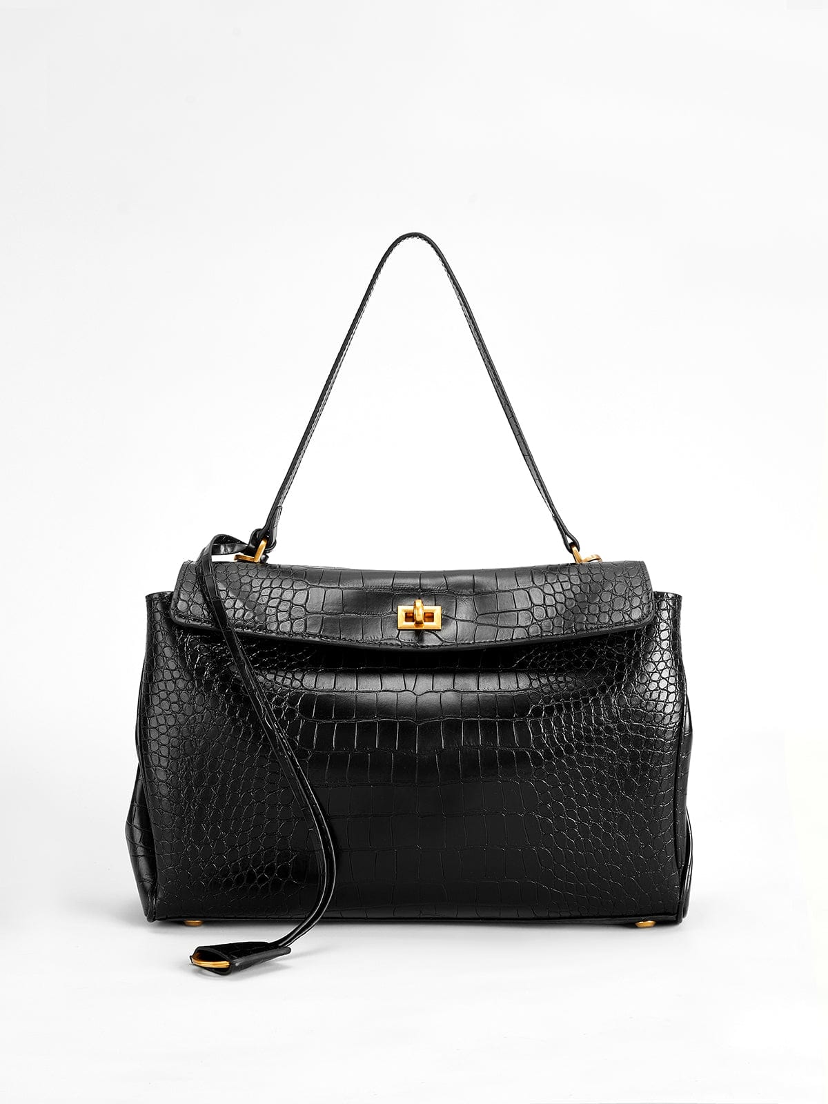 Celeste | Black Croc - Embossed Leather Handbag – Sophisticated & Chic - in Black | Arvea Bags