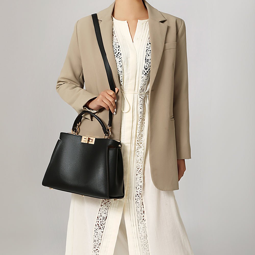 Celeste | Black Structured Leather Tote – Timeless & Chic - in Black | Arvea Bags
