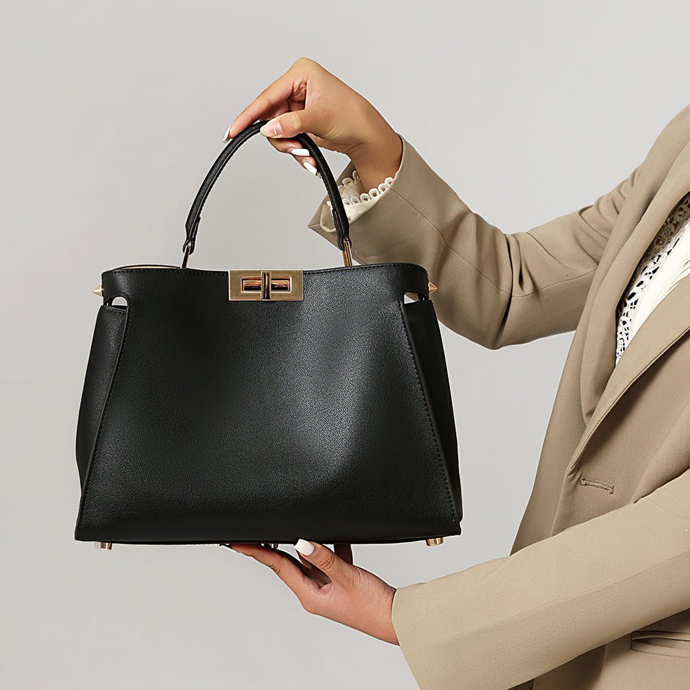 Celeste | Black Structured Leather Tote – Timeless & Chic - in Black | Arvea Bags