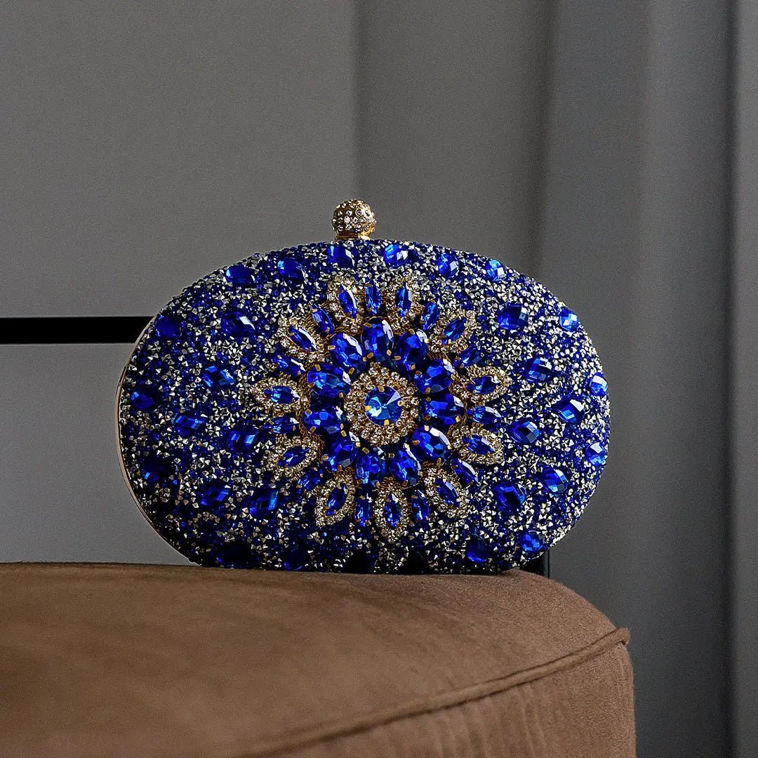 Celeste | Blue Crystal Sunburst Evening Clutch – Royal Radiance - in Blue | Arvea Bags