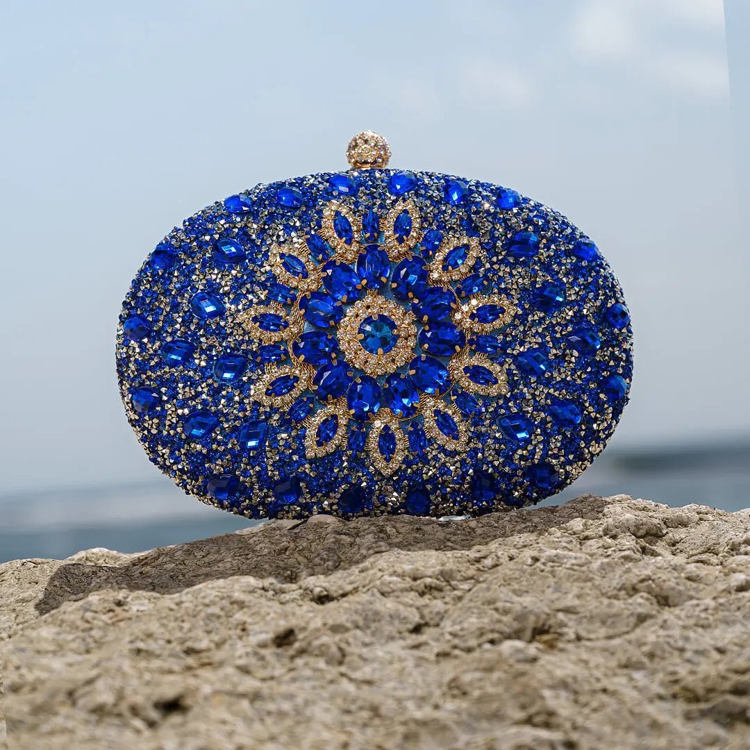 Celeste | Blue Crystal Sunburst Evening Clutch – Royal Radiance - in Blue | Arvea Bags