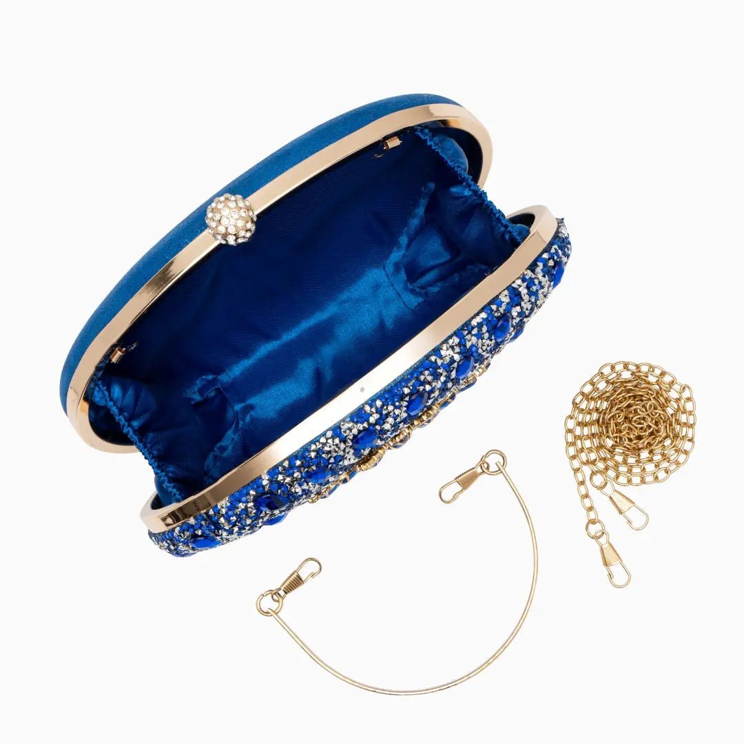 Celeste | Blue Crystal Sunburst Evening Clutch – Royal Radiance - in Blue | Arvea Bags