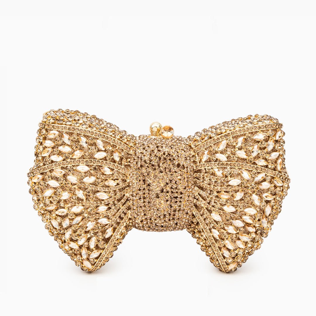 Celeste | Crystal Embellished Gold Bow Evening Clutch – Elegant Charm - in Gold | Arvea Bags