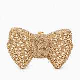 Celeste | Crystal Embellished Gold Bow Evening Clutch – Elegant Charm - in Gold | Arvea Bags