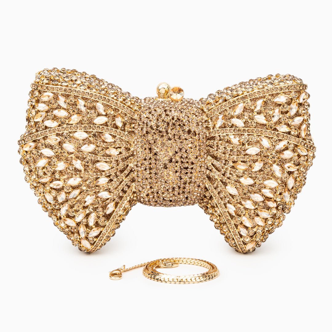 Celeste | Crystal Embellished Gold Bow Evening Clutch – Elegant Charm - in Gold | Arvea Bags
