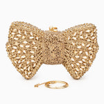 Celeste | Crystal Embellished Gold Bow Evening Clutch – Elegant Charm - in Gold | Arvea Bags