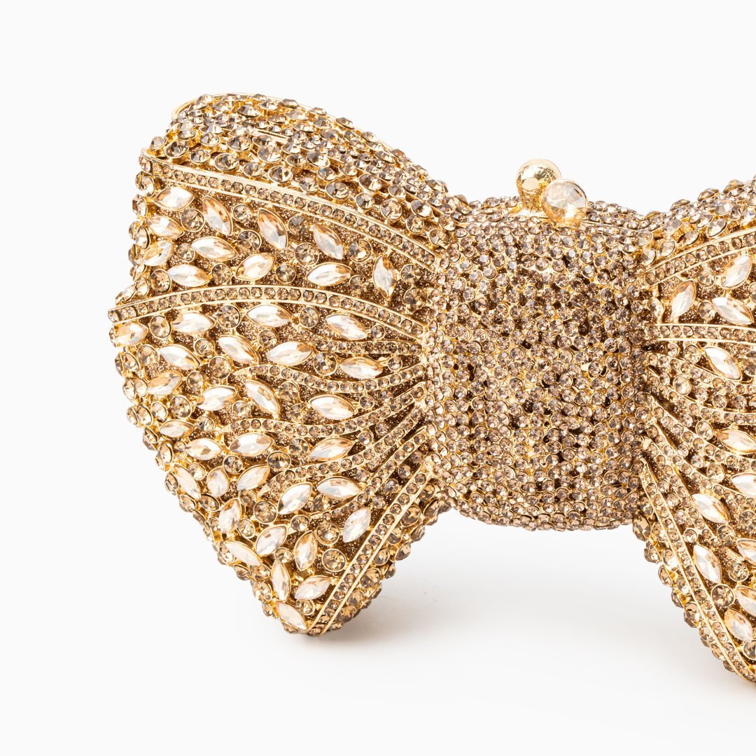 Celeste | Crystal Embellished Gold Bow Evening Clutch – Elegant Charm - in Gold | Arvea Bags