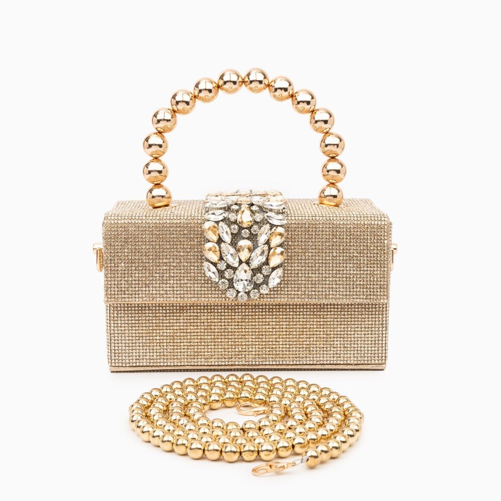 Celeste | Gold Crystal Embellished Evening Clutch – Glamorous & Luxe - in Gold | Arvea Bags