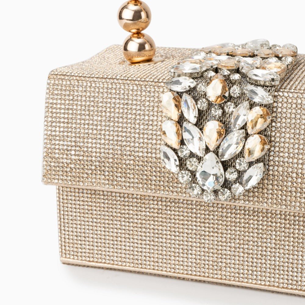 Celeste | Gold Crystal Embellished Evening Clutch – Glamorous & Luxe - in Gold | Arvea Bags
