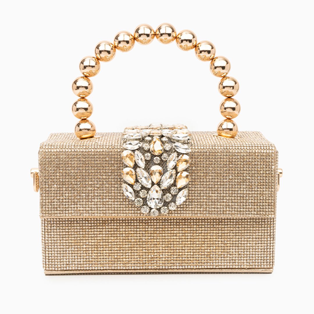 Celeste | Gold Crystal Embellished Evening Clutch – Glamorous & Luxe - in Gold | Arvea Bags