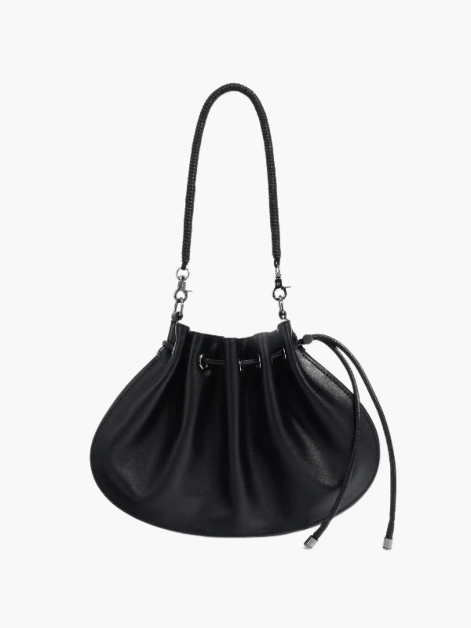 Celeste | Luxe Black Leather Drawstring Bag – Unique & Elegant - in Black | Arvea Bags