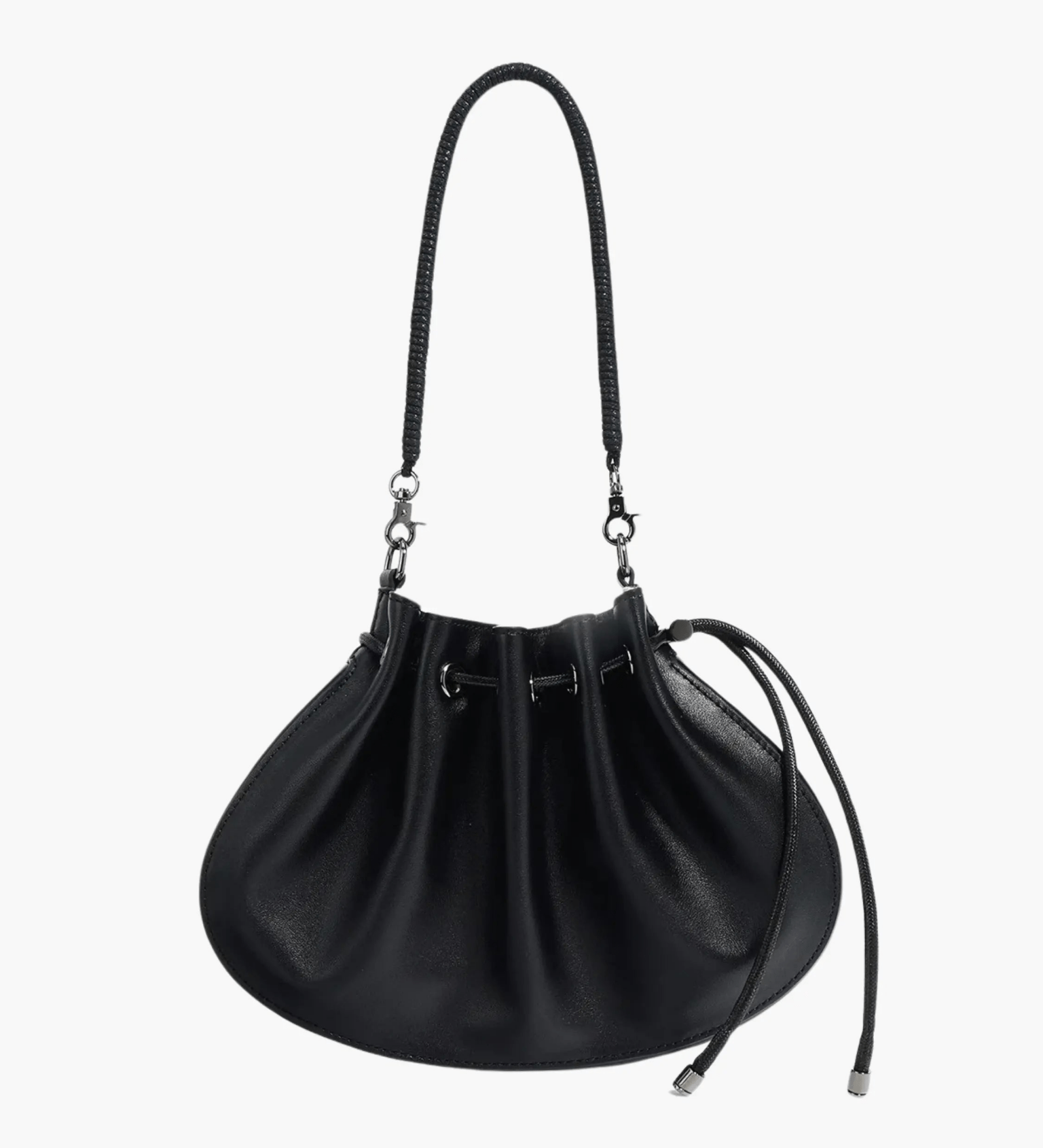 Celeste | Luxe Black Leather Drawstring Bag – Unique & Elegant - in Black | Arvea Bags