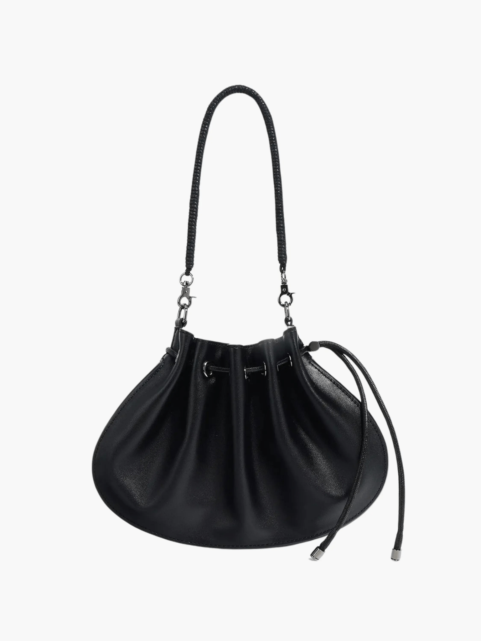 Celeste | Luxe Black Leather Drawstring Bag – Unique & Elegant - in Black | Arvea Bags