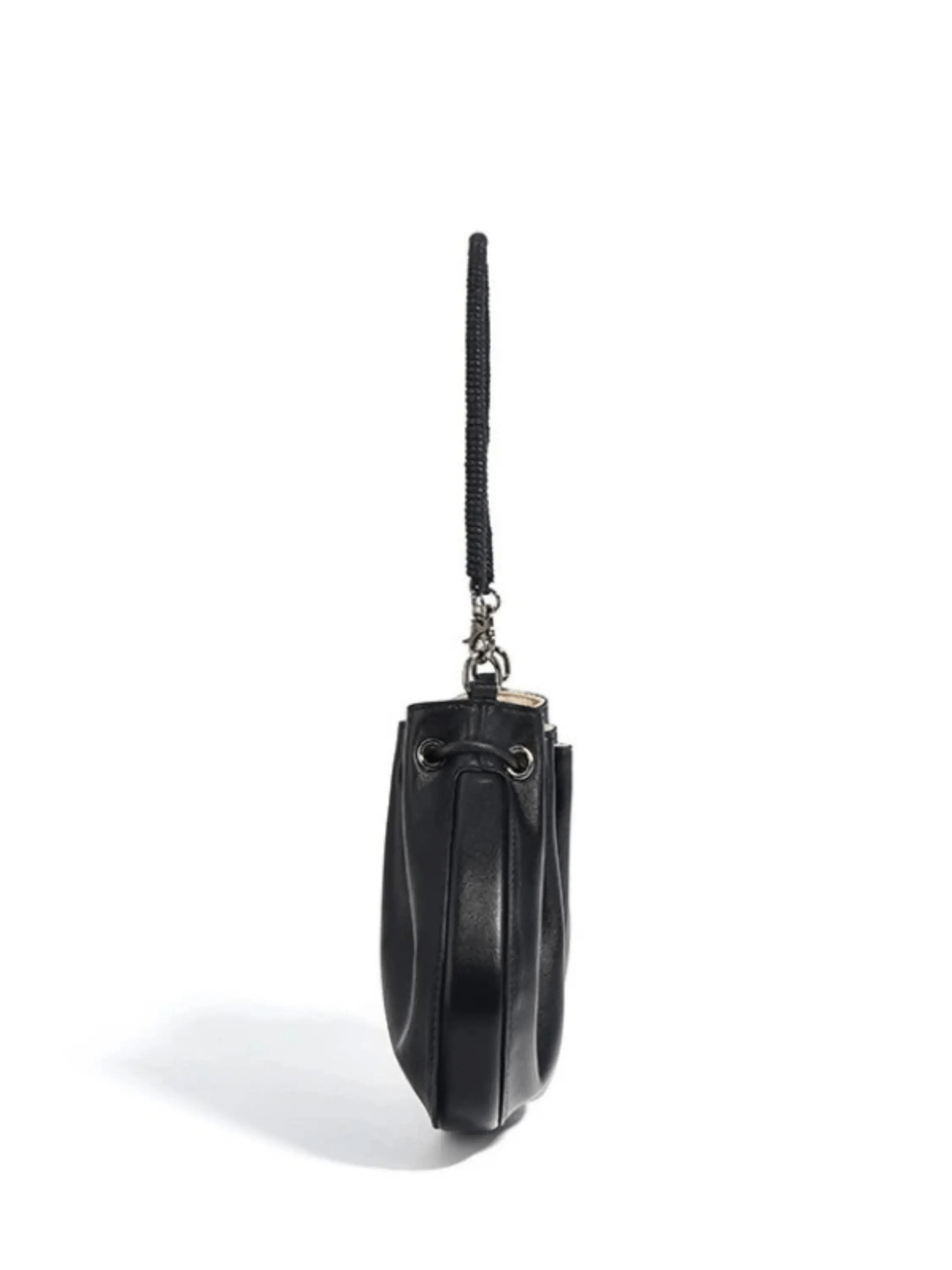 Celeste | Luxe Black Leather Drawstring Bag – Unique & Elegant - in Black | Arvea Bags
