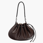 Celeste | Luxe Black Leather Drawstring Bag – Unique & Elegant - in Dark Brown | Arvea Bags