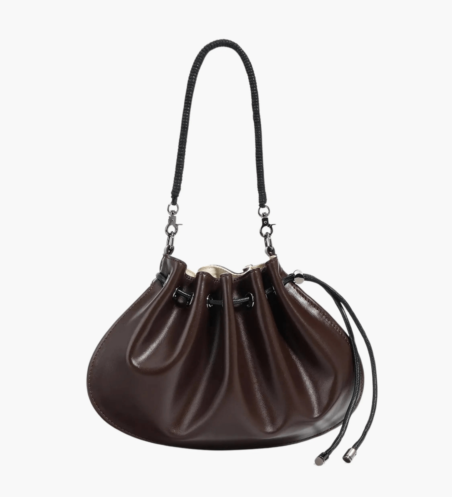 Celeste | Luxe Black Leather Drawstring Bag – Unique & Elegant - in Dark Brown | Arvea Bags