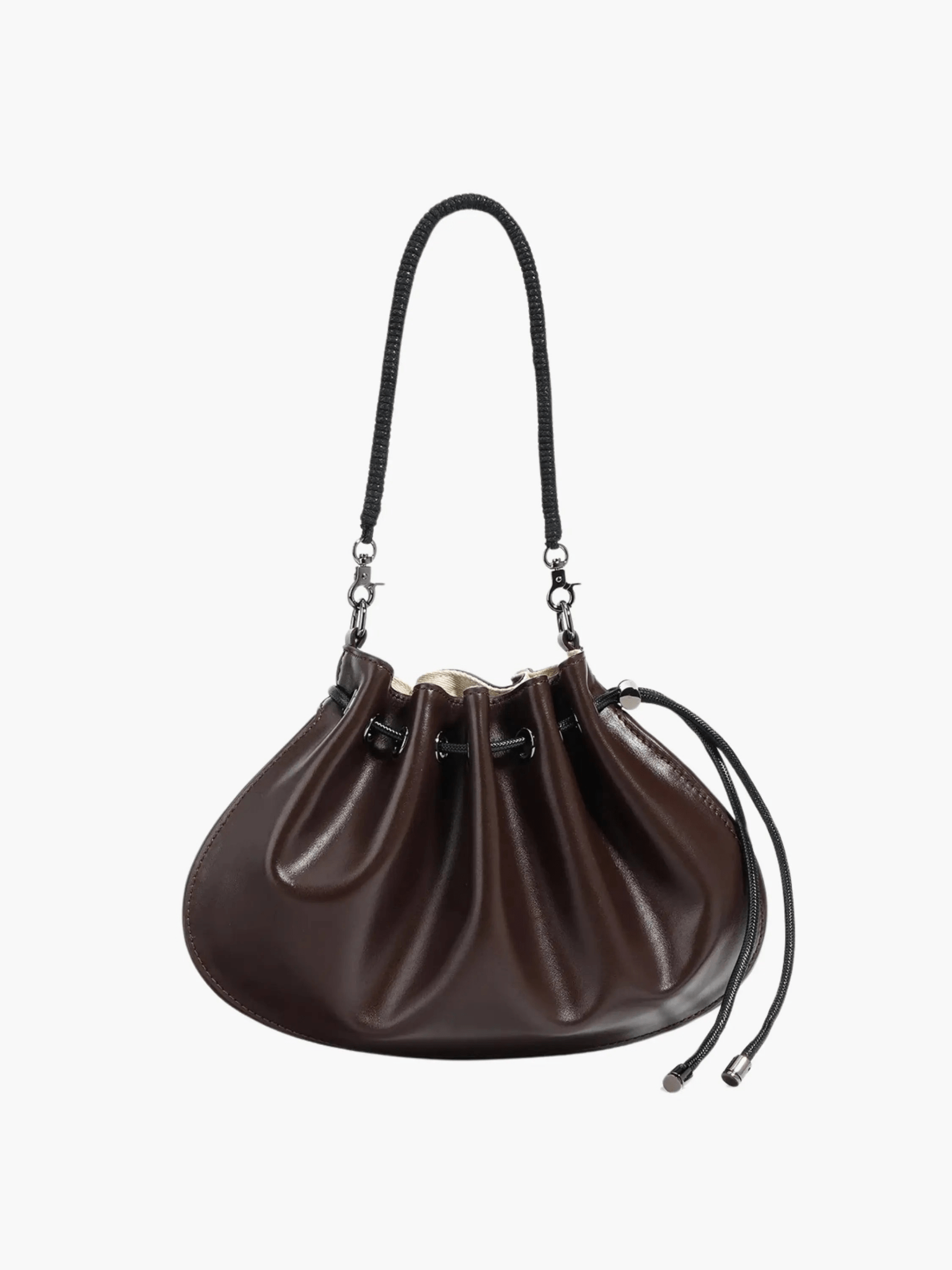 Celeste | Luxe Black Leather Drawstring Bag – Unique & Elegant - in Dark Brown | Arvea Bags