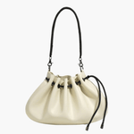 Celeste | Luxe Black Leather Drawstring Bag – Unique & Elegant - in Off - White | Arvea Bags
