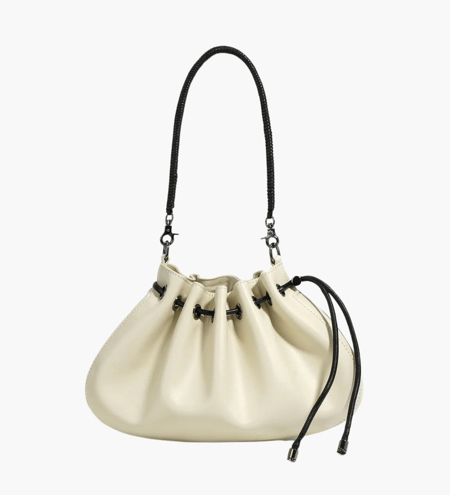 Celeste | Luxe Black Leather Drawstring Bag – Unique & Elegant - in Off - White | Arvea Bags