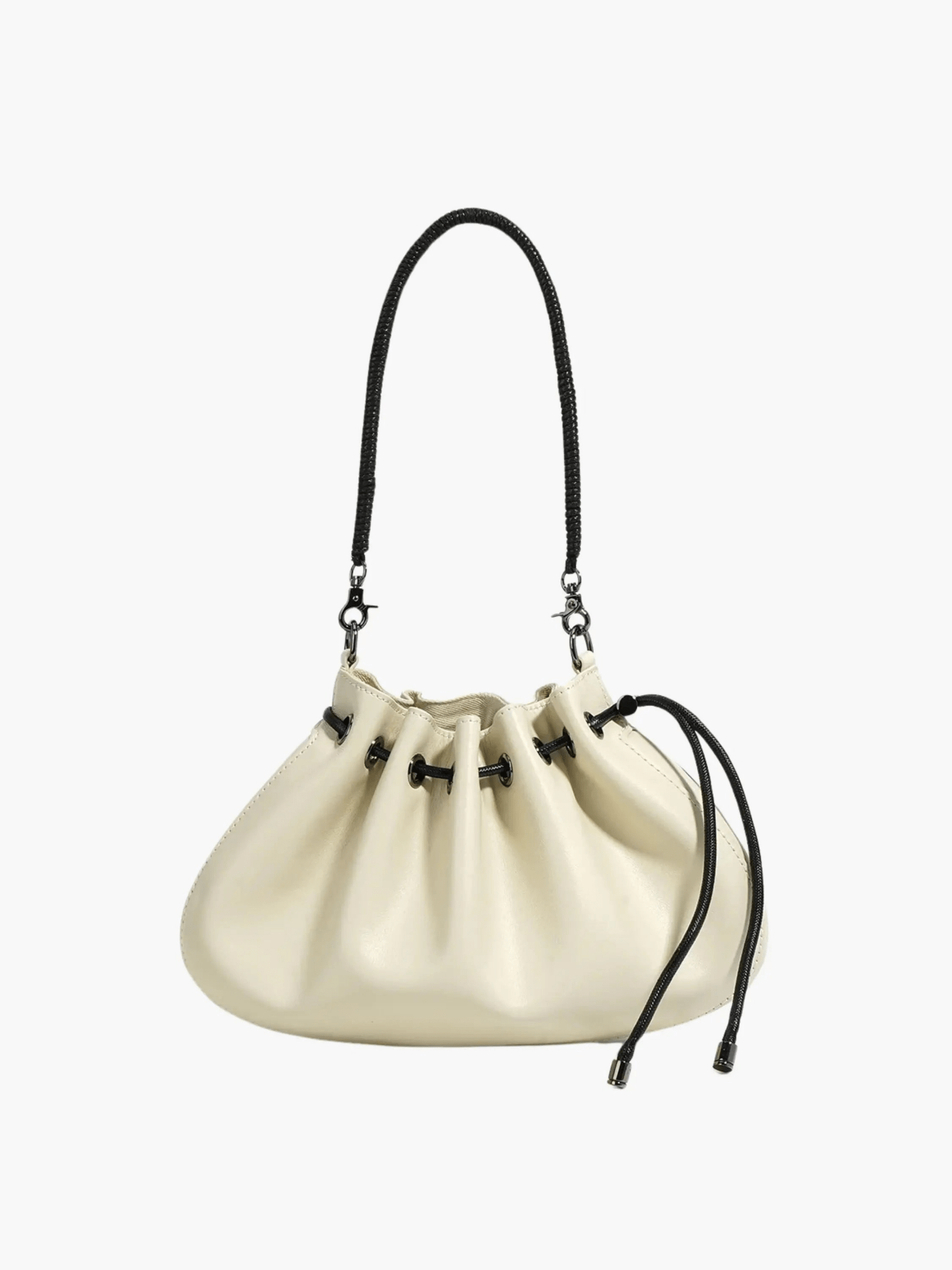Celeste | Luxe Black Leather Drawstring Bag – Unique & Elegant - in Off - White | Arvea Bags