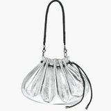 Celeste | Luxe Black Leather Drawstring Bag – Unique & Elegant - in Silver | Arvea Bags