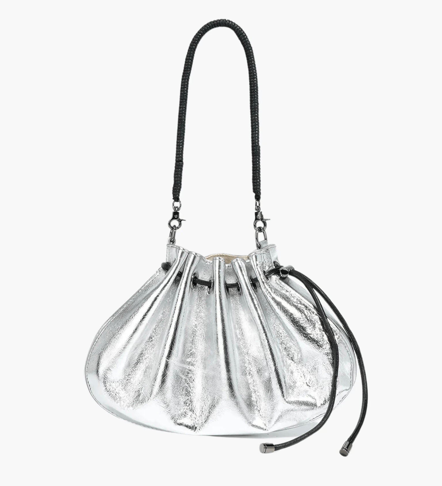 Celeste | Luxe Black Leather Drawstring Bag – Unique & Elegant - in Silver | Arvea Bags