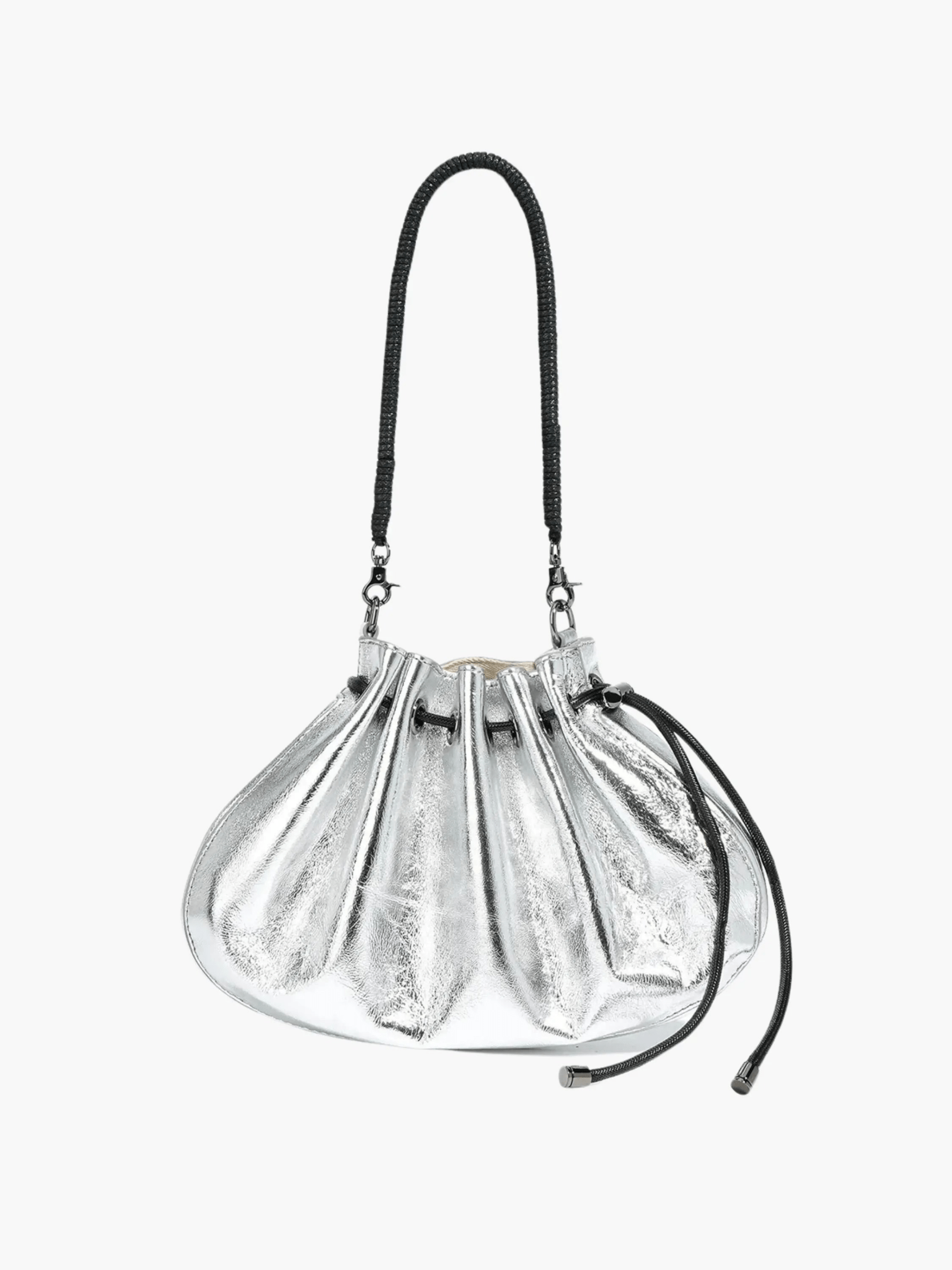 Celeste | Luxe Black Leather Drawstring Bag – Unique & Elegant - in Silver | Arvea Bags