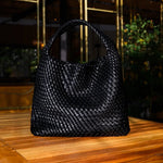 Charlotte | Elegant Leather Woven Bucket Bag – Spacious Shoulder Handbag for Women - in Black | Arvea Bags