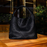 Charlotte | Elegant Leather Woven Bucket Bag – Spacious Shoulder Handbag for Women - in Black | Arvea Bags
