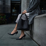 Charlotte | Elegant Leather Woven Bucket Bag – Spacious Shoulder Handbag for Women - in Black | Arvea Bags