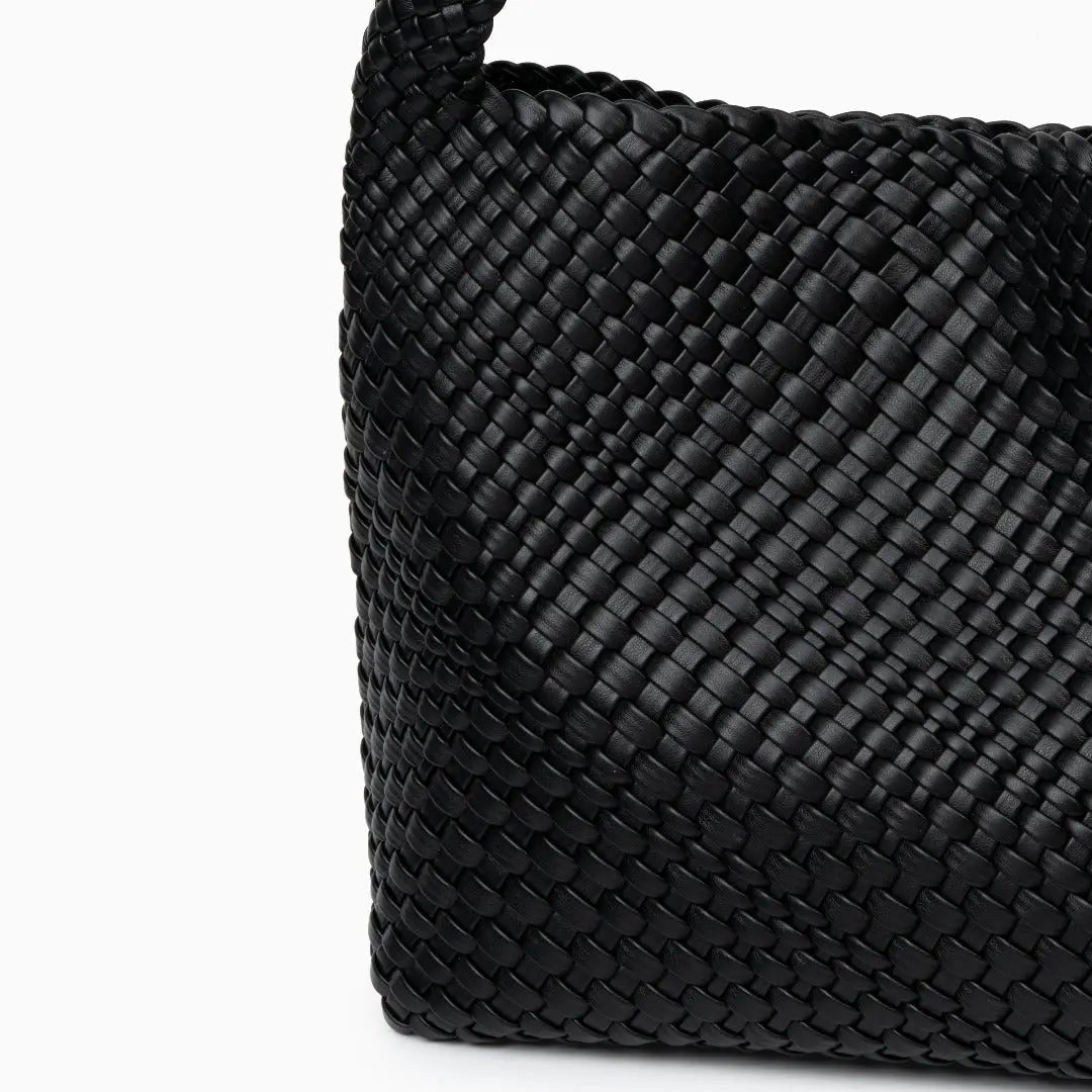 Charlotte | Elegant Leather Woven Bucket Bag – Spacious Shoulder Handbag for Women - in Black | Arvea Bags