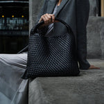 Charlotte | Elegant Leather Woven Bucket Bag – Spacious Shoulder Handbag for Women - in Black | Arvea Bags