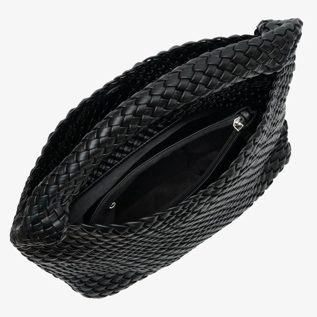 Charlotte | Elegant Leather Woven Bucket Bag – Spacious Shoulder Handbag for Women - in Black | Arvea Bags