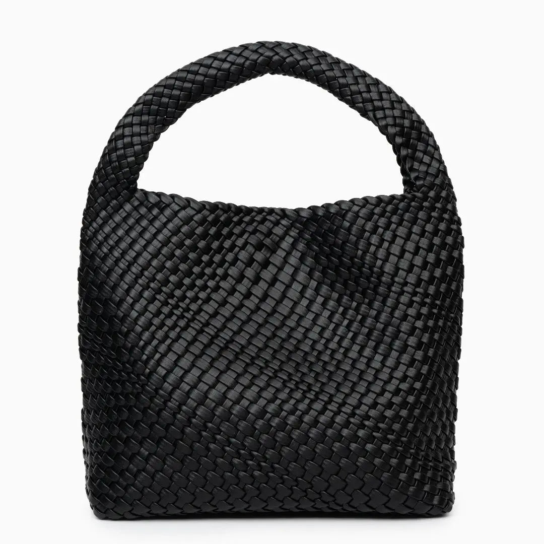 Charlotte | Elegant Leather Woven Bucket Bag – Spacious Shoulder Handbag for Women - in Black | Arvea Bags