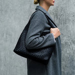 Charlotte | Elegant Leather Woven Bucket Bag – Spacious Shoulder Handbag for Women - in Black | Arvea Bags