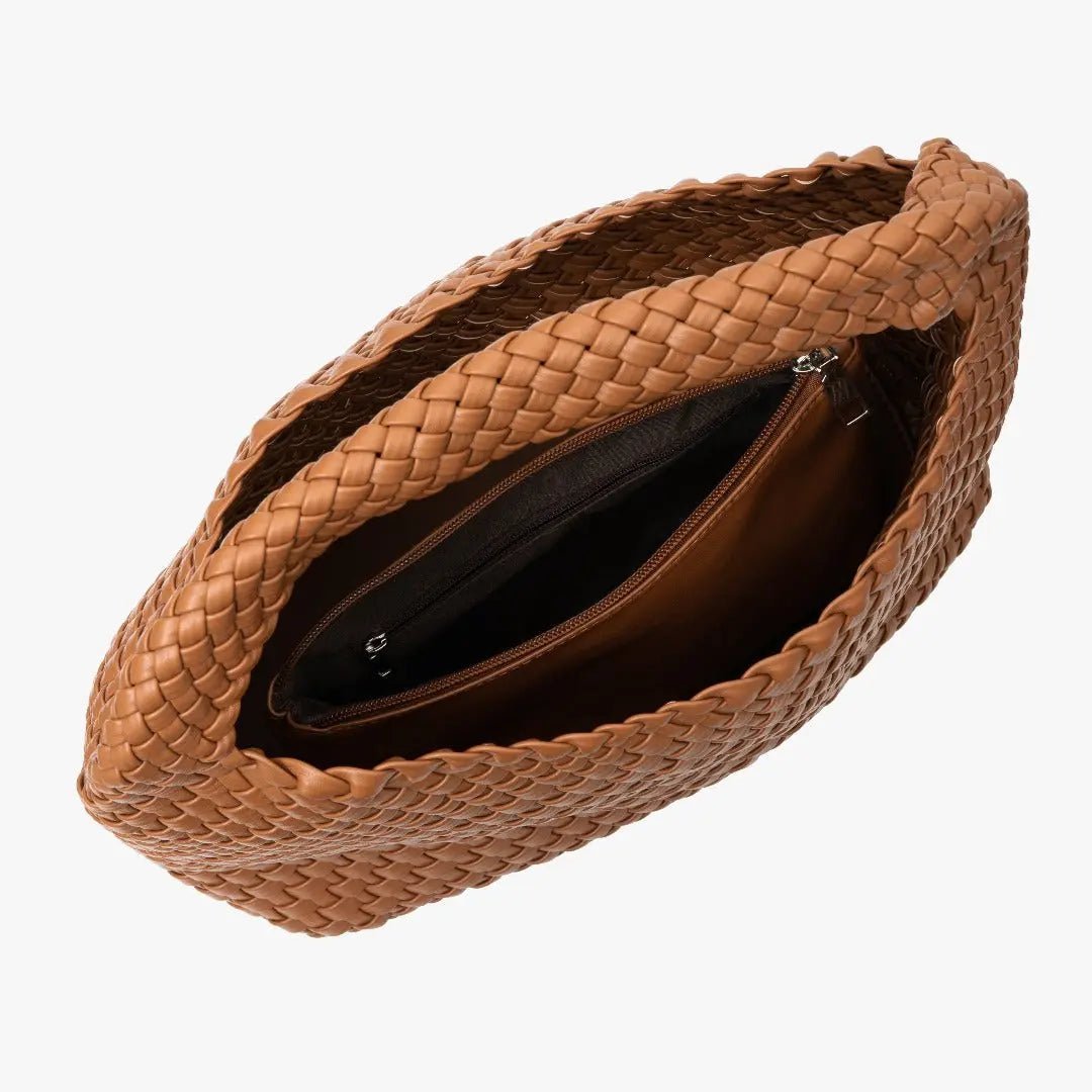 Charlotte | Elegant Leather Woven Bucket Bag – Spacious Shoulder Handbag for Women - in Light tan | Arvea Bags