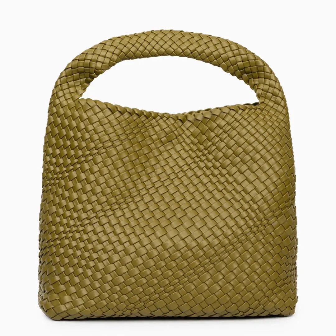 Charlotte | Elegant Leather Woven Bucket Bag – Spacious Shoulder Handbag for Women - in Olive green | Arvea Bags