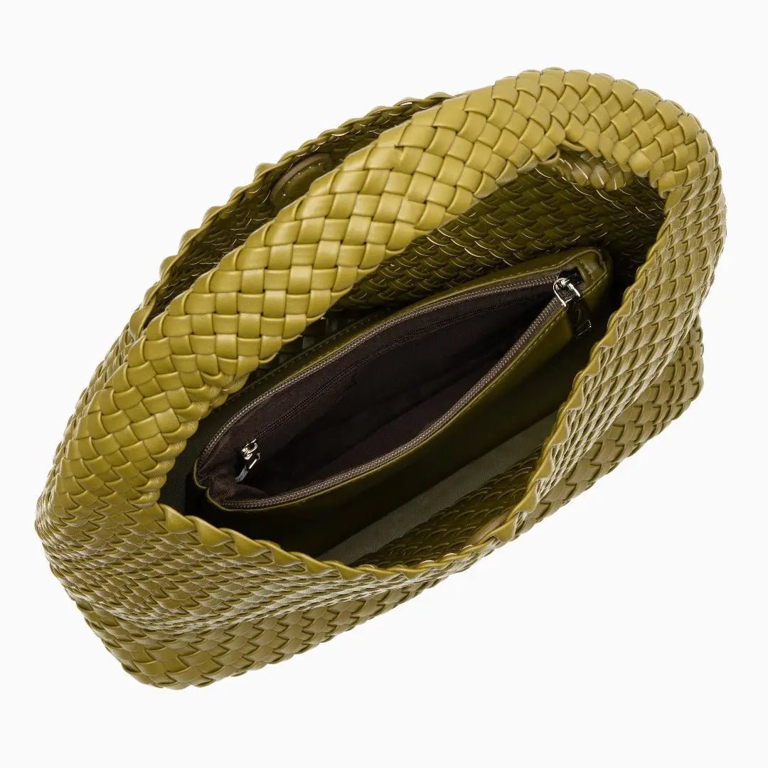 Charlotte | Elegant Leather Woven Bucket Bag – Spacious Shoulder Handbag for Women - in Olive green | Arvea Bags