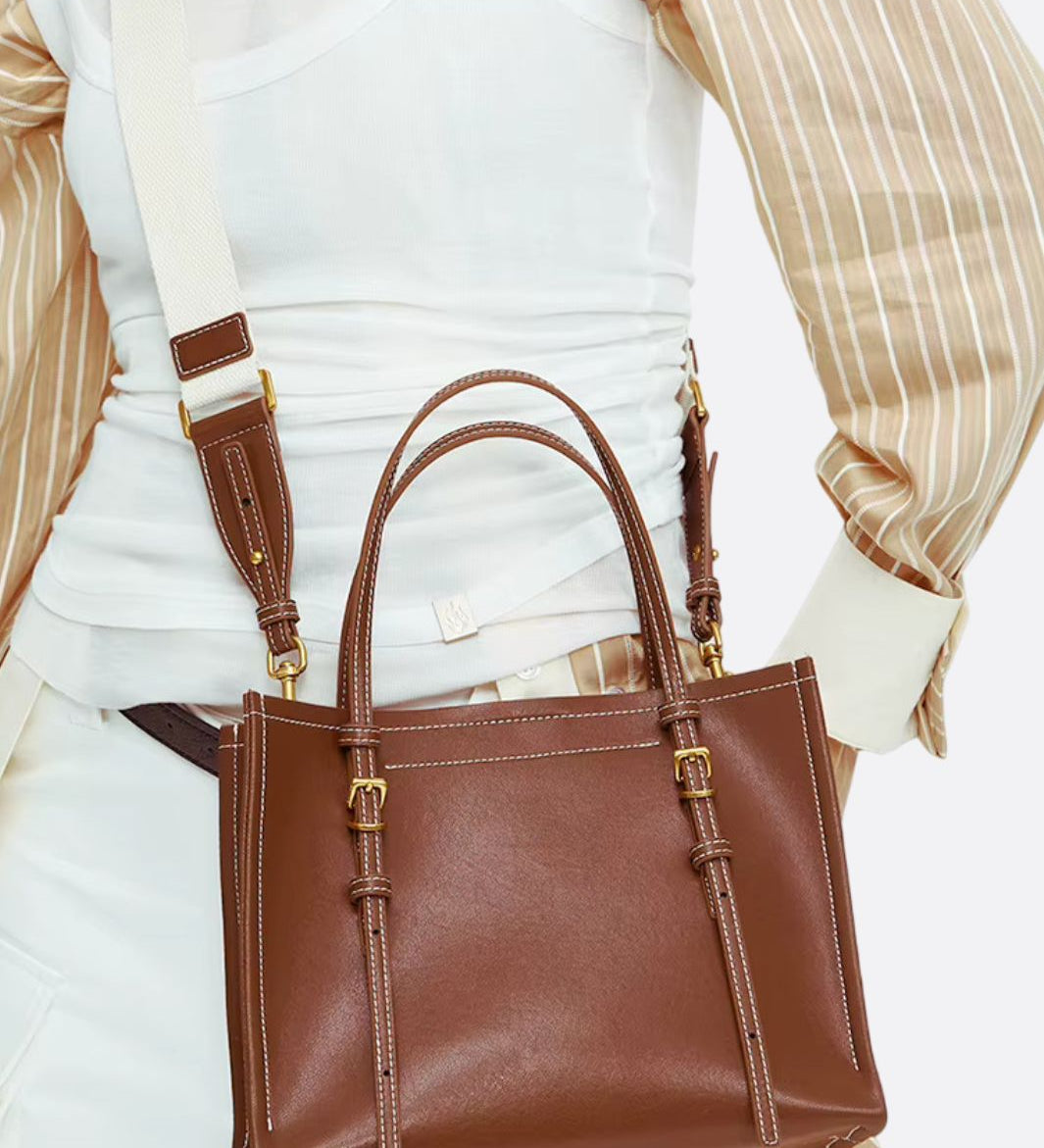 Chic Rectangular Leather Tote Bag - in Camel | Arvea Bags