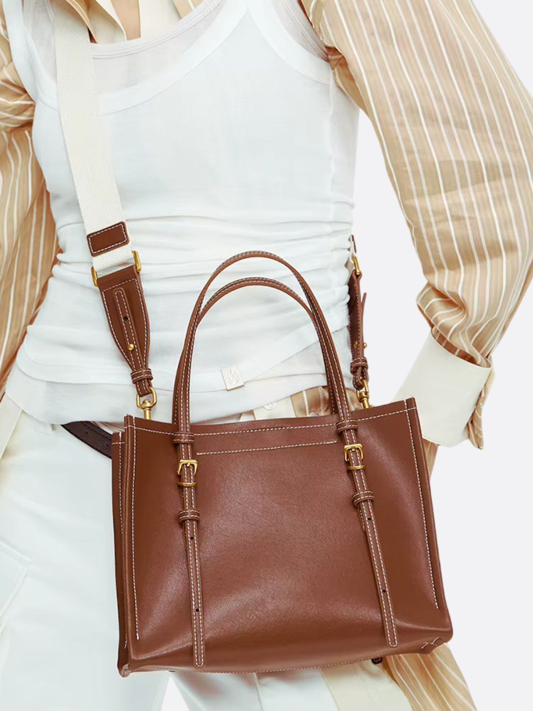 Chic Rectangular Leather Tote Bag - in Camel | Arvea Bags