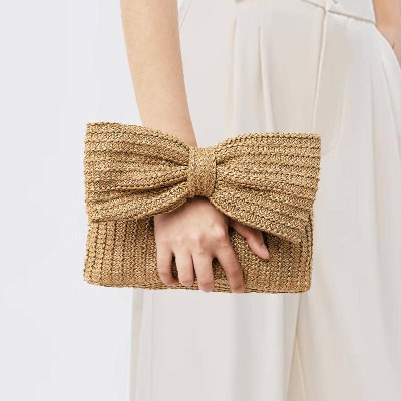 Christine | Natural Straw Clutch with Oversized Bow Detail - in Off - White | Arvea Bags