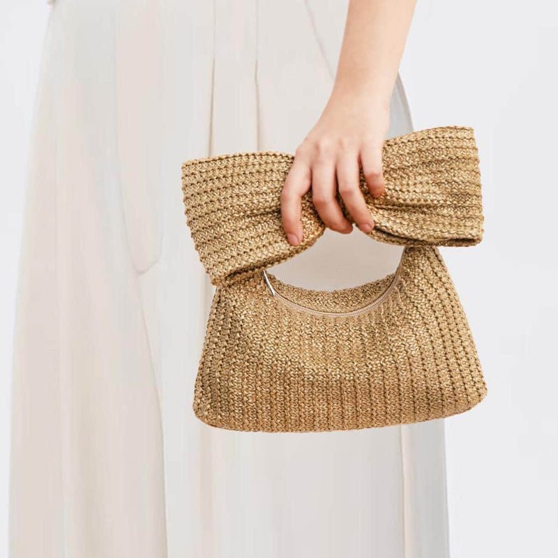 Christine | Natural Straw Clutch with Oversized Bow Detail - in Off - White | Arvea Bags