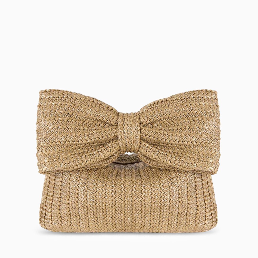 Christine | Natural Straw Clutch with Oversized Bow Detail - in Off - White | Arvea Bags