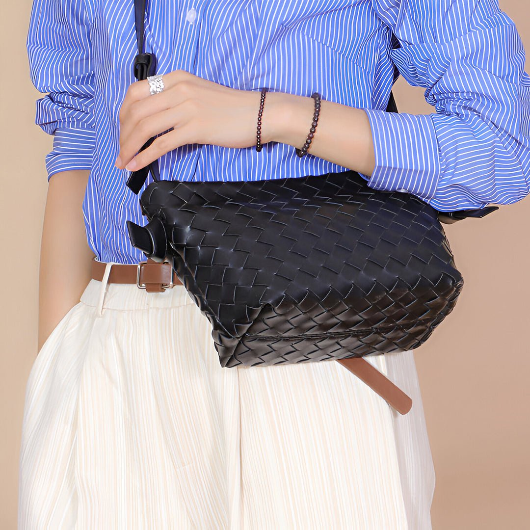 Ciara Woven Shoulder Bag – Elegant Faux Leather Tote - in Black | Arvea Bags