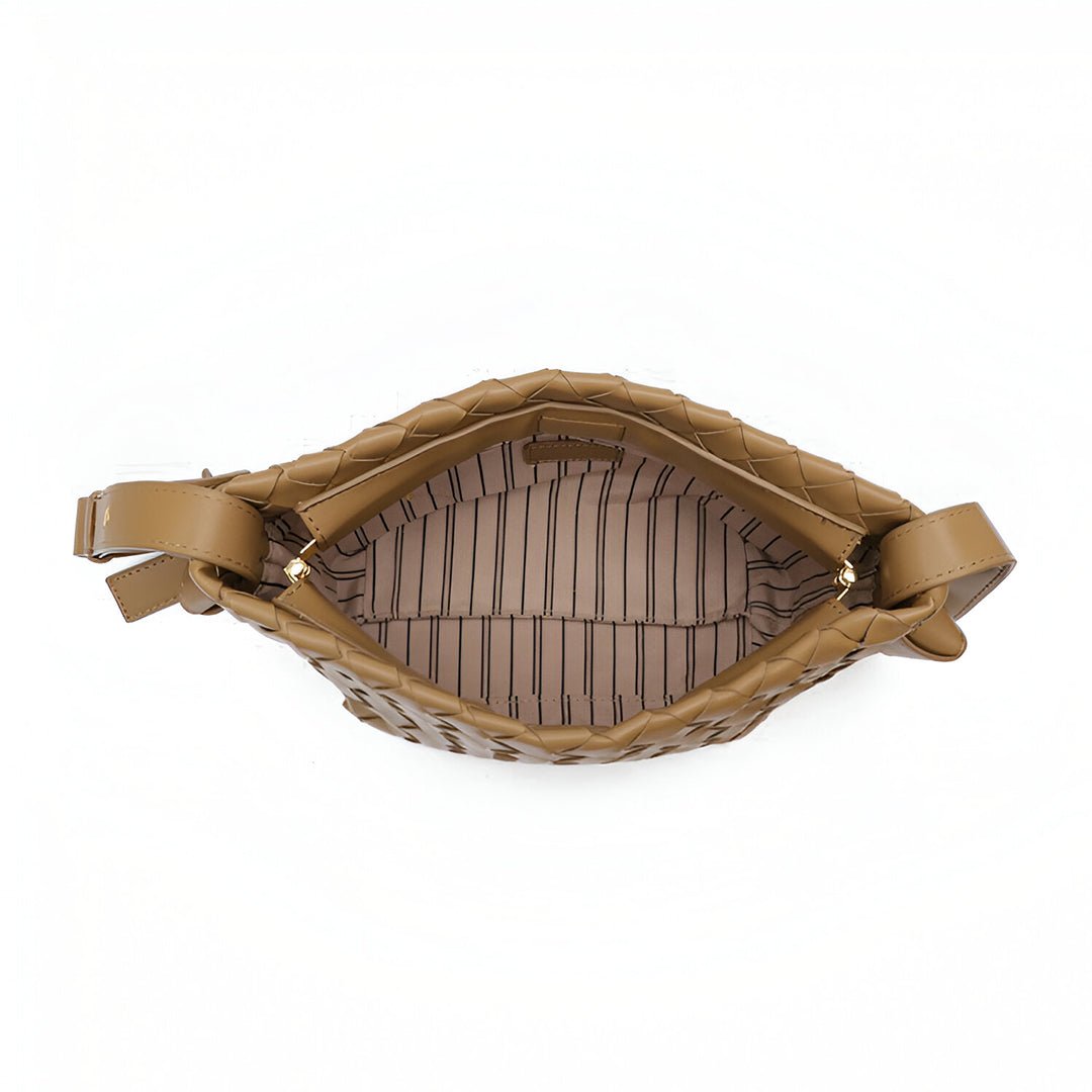 Ciara Woven Shoulder Bag – Elegant Faux Leather Tote - in Khaki | Arvea Bags